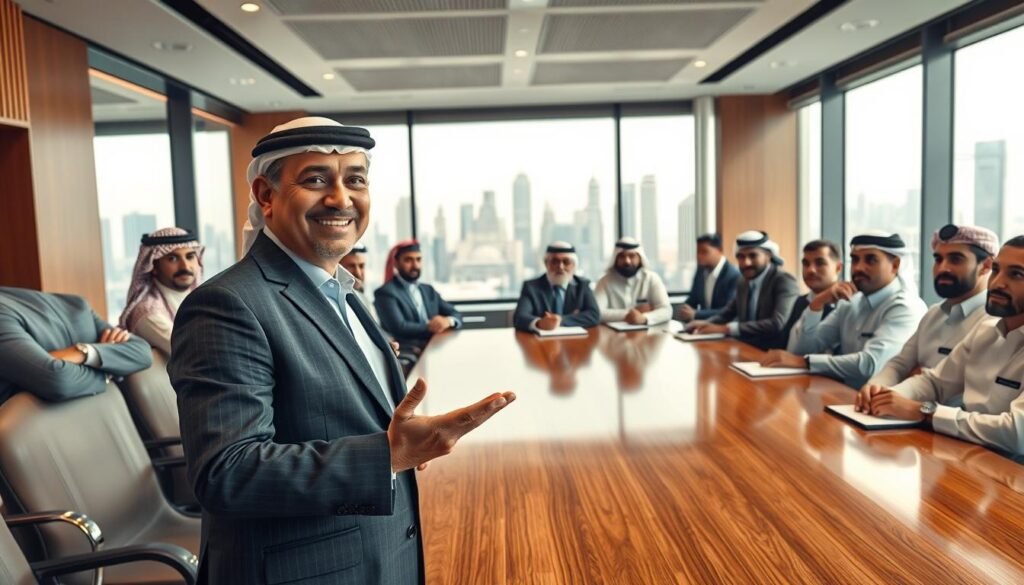 A modern and elegant conference room filled with diverse Arab businessmen in professional attire, engaged in a philanthropic meeting. In the foreground, a confident middle-aged man, Abdullah bin Marai bin Mahfouz, with a warm smile, stands confidently at the head of a polished wooden table, gesturing passionately about the importance of charitable giving. In the middle ground, attentive businessmen, of various ethnic backgrounds, nod in agreement and take notes, showcasing an atmosphere of collaboration and inspiration. The background features large windows with soft natural light flooding in, illuminating an impressive city skyline. The overall mood is serious yet uplifting, emphasizing the spirit of unity and commitment to philanthropy among influential business leaders. The image has a warm color palette to evoke a sense of hope and optimism. A modern and elegant conference room filled with diverse Arab businessmen in professional attire, engaged in a philanthropic meeting. In the foreground, a confident middle-aged man, Abdullah bin Marai bin Mahfouz, with a warm smile, stands confidently at the head of a polished wooden table, gesturing passionately about the importance of charitable giving. In the middle ground, attentive businessmen, of various ethnic backgrounds, nod in agreement and take notes, showcasing an atmosphere of collaboration and inspiration. The background features large windows with soft natural light flooding in, illuminating an impressive city skyline. The overall mood is serious yet uplifting, emphasizing the spirit of unity and commitment to philanthropy among influential business leaders. The image has a warm color palette to evoke a sense of hope and optimism.