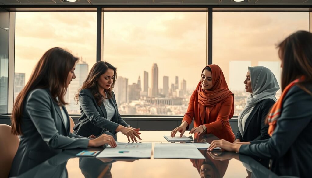 A professional meeting setting showcasing partnerships and agreements with government entities. In the foreground, a diverse group of women in professional business attire engaged in lively discussion, analyzing documents and pointing at charts on a conference table. In the middle, a large window reveals a cityscape with government buildings, symbolizing the connection between organizations and authorities. The background features a modern office environment with soft, warm lighting that emphasizes collaboration and empowerment. The atmosphere should feel inclusive and dynamic, capturing the essence of teamwork and mutual support. The image should evoke a sense of progress towards women's empowerment in the Arab world, with no text or watermarks. A professional meeting setting showcasing partnerships and agreements with government entities. In the foreground, a diverse group of women in professional business attire engaged in lively discussion, analyzing documents and pointing at charts on a conference table. In the middle, a large window reveals a cityscape with government buildings, symbolizing the connection between organizations and authorities. The background features a modern office environment with soft, warm lighting that emphasizes collaboration and empowerment. The atmosphere should feel inclusive and dynamic, capturing the essence of teamwork and mutual support. The image should evoke a sense of progress towards women's empowerment in the Arab world, with no text or watermarks.
