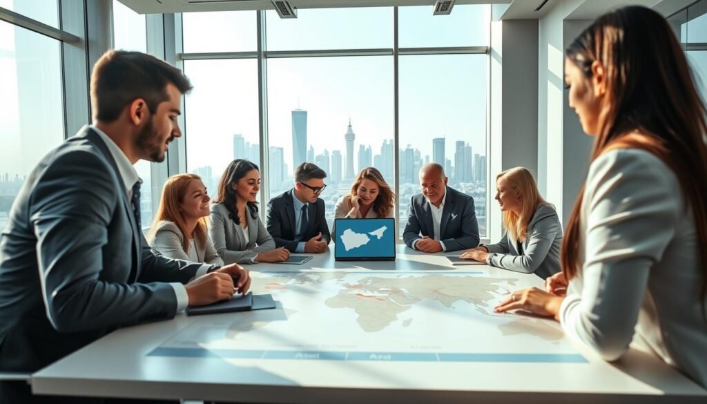 A professional office setting showcasing international financial institutions engaging in strategic partnerships for economic development. In the foreground, a diverse group of professionals in business attire are gathered around a conference table, discussing charts and graphs on a laptop. The middle ground features a large world map highlighting the Arab region with growth indicators. In the background, floor-to-ceiling windows allow natural light to flood the room, offering a panoramic view of a modern city skyline. The atmosphere is collaborative and optimistic, emphasizing teamwork and innovation. The image should have a bright, uplifting color palette, with soft shadows for depth, captured from a slightly lower angle to enhance the dynamic interaction among the participants. A professional office setting showcasing international financial institutions engaging in strategic partnerships for economic development. In the foreground, a diverse group of professionals in business attire are gathered around a conference table, discussing charts and graphs on a laptop. The middle ground features a large world map highlighting the Arab region with growth indicators. In the background, floor-to-ceiling windows allow natural light to flood the room, offering a panoramic view of a modern city skyline. The atmosphere is collaborative and optimistic, emphasizing teamwork and innovation. The image should have a bright, uplifting color palette, with soft shadows for depth, captured from a slightly lower angle to enhance the dynamic interaction among the participants.
