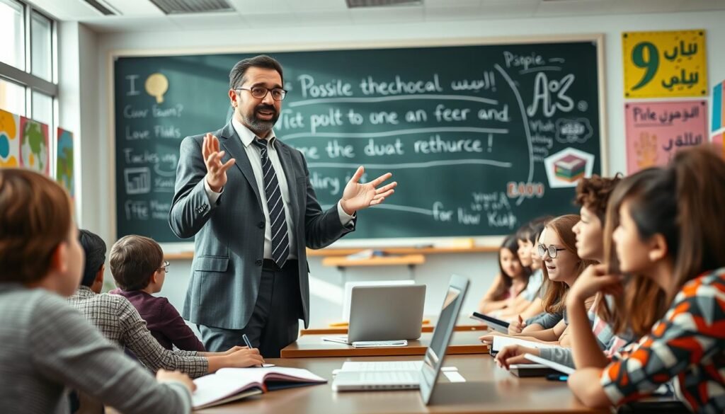 A professionally dressed Arab man, in his 50s, stands confidently in a modern classroom filled with eager young students. He is gesturing passionately as he speaks, embodying a sense of guidance and inspiration. The foreground showcases a diverse group of students, attentively listening, with notebooks and laptops open, reflecting a commitment to learning. In the middle ground, a large chalkboard displays positive educational messages and symbols of knowledge. The background features bright, natural light streaming through large windows, illuminating colorful educational posters on the walls, creating a warm and inviting atmosphere. The mood is hopeful and empowering, emphasizing the importance of education and mentorship for youth. The scene is captured from a slightly low angle, giving prominence to the speaker while conveying a sense of importance and urgency in the pursuit of education. A professionally dressed Arab man, in his 50s, stands confidently in a modern classroom filled with eager young students. He is gesturing passionately as he speaks, embodying a sense of guidance and inspiration. The foreground showcases a diverse group of students, attentively listening, with notebooks and laptops open, reflecting a commitment to learning. In the middle ground, a large chalkboard displays positive educational messages and symbols of knowledge. The background features bright, natural light streaming through large windows, illuminating colorful educational posters on the walls, creating a warm and inviting atmosphere. The mood is hopeful and empowering, emphasizing the importance of education and mentorship for youth. The scene is captured from a slightly low angle, giving prominence to the speaker while conveying a sense of importance and urgency in the pursuit of education.