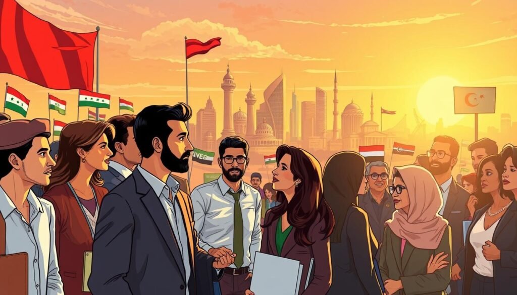 A vibrant and dynamic illustration depicting the evolution of civil society movements in the Arab world. In the foreground, diverse individuals of various backgrounds, including men and women in professional business attire, engage in discussions and collaborate, symbolizing unity and progress. The middle ground features a city skyline with cultural landmarks representing different Arab countries, framed by colorful banners and signs symbolizing hope and empowerment. The background showcases a sunrise glowing over the horizon, casting warm light that enhances the sense of optimism. Use a wide-angle perspective to capture the interplay between people and their environment, creating an atmosphere of collaboration and positive change. The lighting should be bright and inspiring, evoking a sense of motivation and forward movement. A vibrant and dynamic illustration depicting the evolution of civil society movements in the Arab world. In the foreground, diverse individuals of various backgrounds, including men and women in professional business attire, engage in discussions and collaborate, symbolizing unity and progress. The middle ground features a city skyline with cultural landmarks representing different Arab countries, framed by colorful banners and signs symbolizing hope and empowerment. The background showcases a sunrise glowing over the horizon, casting warm light that enhances the sense of optimism. Use a wide-angle perspective to capture the interplay between people and their environment, creating an atmosphere of collaboration and positive change. The lighting should be bright and inspiring, evoking a sense of motivation and forward movement.