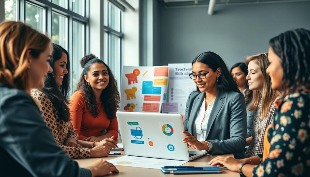 A vibrant and dynamic scene depicting a diverse group of women engaged in a collaborative workshop, fostering innovation and skills development. In the foreground, a woman in professional business attire demonstrates a digital innovation tool on a laptop, surrounded by engaged participants who are actively brainstorming ideas. The middle ground features colorful posters with illustrations of technology and skill-building concepts. In the background, large windows let in natural light, creating an uplifting atmosphere. The mood is one of empowerment and creativity, emphasizing collaboration and personal growth. Use soft lighting to enhance the inviting feeling, shot from a slightly elevated angle to capture the interactions effectively. A vibrant and dynamic scene depicting a diverse group of women engaged in a collaborative workshop, fostering innovation and skills development. In the foreground, a woman in professional business attire demonstrates a digital innovation tool on a laptop, surrounded by engaged participants who are actively brainstorming ideas. The middle ground features colorful posters with illustrations of technology and skill-building concepts. In the background, large windows let in natural light, creating an uplifting atmosphere. The mood is one of empowerment and creativity, emphasizing collaboration and personal growth. Use soft lighting to enhance the inviting feeling, shot from a slightly elevated angle to capture the interactions effectively.