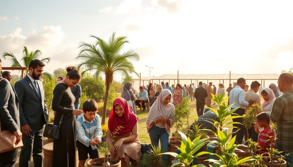 A vibrant and inspiring scene depicting successful volunteer experiences in the Arab world. In the foreground, diverse individuals in professional business attire and modest casual clothing engage in various community service activities, such as helping children, planting trees, and teaching skills. The middle ground features a lively community center bustling with different groups collaborating and sharing ideas, showcasing unity and teamwork. In the background, we can see a bright, sunny sky with soft clouds, symbolizing hope and positivity. The lighting is warm and inviting, casting gentle shadows that enhance the cheerful mood. The perspective is slightly elevated, providing a comprehensive view of the active scene, highlighting the impactful stories of success in volunteering. A vibrant and inspiring scene depicting successful volunteer experiences in the Arab world. In the foreground, diverse individuals in professional business attire and modest casual clothing engage in various community service activities, such as helping children, planting trees, and teaching skills. The middle ground features a lively community center bustling with different groups collaborating and sharing ideas, showcasing unity and teamwork. In the background, we can see a bright, sunny sky with soft clouds, symbolizing hope and positivity. The lighting is warm and inviting, casting gentle shadows that enhance the cheerful mood. The perspective is slightly elevated, providing a comprehensive view of the active scene, highlighting the impactful stories of success in volunteering.