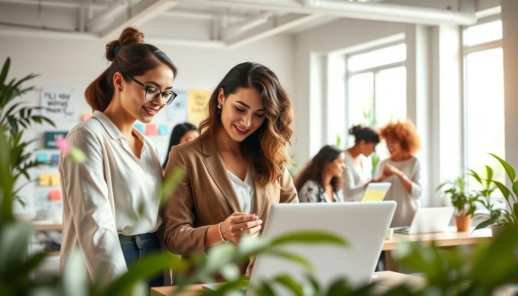A vibrant and inspiring scene depicting successful women social entrepreneurs collaborating in a modern workspace. In the foreground, two women in professional attire, deep in discussion over a laptop, highlighting teamwork and innovation. The middle ground features a diverse group of women engaging in a brainstorming session, with colorful sticky notes and charts displayed around them. The background showcases a bright, airy office filled with greenery and motivational artwork on the walls, conveying a sense of positivity and empowerment. Soft, natural lighting filters through large windows, creating a warm and inviting atmosphere. The overall mood is uplifting and dynamic, emphasizing the theme of success and inspiration in social entrepreneurship. A vibrant and inspiring scene depicting successful women social entrepreneurs collaborating in a modern workspace. In the foreground, two women in professional attire, deep in discussion over a laptop, highlighting teamwork and innovation. The middle ground features a diverse group of women engaging in a brainstorming session, with colorful sticky notes and charts displayed around them. The background showcases a bright, airy office filled with greenery and motivational artwork on the walls, conveying a sense of positivity and empowerment. Soft, natural lighting filters through large windows, creating a warm and inviting atmosphere. The overall mood is uplifting and dynamic, emphasizing the theme of success and inspiration in social entrepreneurship.