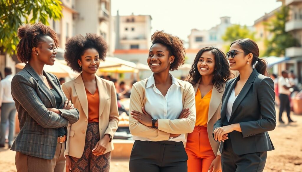 A vibrant and inspiring scene showcasing the unique characteristics of women in social entrepreneurship. In the foreground, a diverse group of women in professional business attire stands confidently, engaged in animated discussion. They represent various ethnicities and backgrounds, embodying empowerment and innovation. In the middle ground, a lively community setting with people interacting, displaying collaboration and creativity, perhaps with a small market or workshop space. The background features a bright and sunny urban landscape, symbolizing growth and opportunity. Soft, natural lighting enhances the atmosphere, creating a sense of warmth and hope. The image should convey a mood of determination, inspiration, and community support, with an emphasis on the positive impact of social entrepreneurship led by women. A vibrant and inspiring scene showcasing the unique characteristics of women in social entrepreneurship. In the foreground, a diverse group of women in professional business attire stands confidently, engaged in animated discussion. They represent various ethnicities and backgrounds, embodying empowerment and innovation. In the middle ground, a lively community setting with people interacting, displaying collaboration and creativity, perhaps with a small market or workshop space. The background features a bright and sunny urban landscape, symbolizing growth and opportunity. Soft, natural lighting enhances the atmosphere, creating a sense of warmth and hope. The image should convey a mood of determination, inspiration, and community support, with an emphasis on the positive impact of social entrepreneurship led by women.