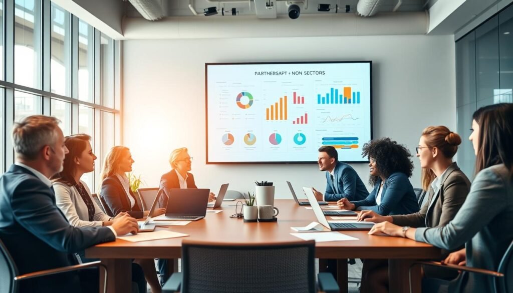 A vibrant business meeting scene showcasing the collaboration between for-profit and non-profit sectors. In the foreground, a diverse group of professionals in business attire are engaged in discussion around a large conference table filled with documents and laptops. In the middle ground, a presentation screen displays graphs and charts representing partnership benefits. The background reveals a modern office environment with large windows allowing natural light to pour in, creating a warm and inviting atmosphere. The overall mood is one of synergy and innovation, symbolizing the importance of partnerships in community development and social impact. A wide-angle perspective captures the dynamic energy and professionalism of the setting. A vibrant business meeting scene showcasing the collaboration between for-profit and non-profit sectors. In the foreground, a diverse group of professionals in business attire are engaged in discussion around a large conference table filled with documents and laptops. In the middle ground, a presentation screen displays graphs and charts representing partnership benefits. The background reveals a modern office environment with large windows allowing natural light to pour in, creating a warm and inviting atmosphere. The overall mood is one of synergy and innovation, symbolizing the importance of partnerships in community development and social impact. A wide-angle perspective captures the dynamic energy and professionalism of the setting.