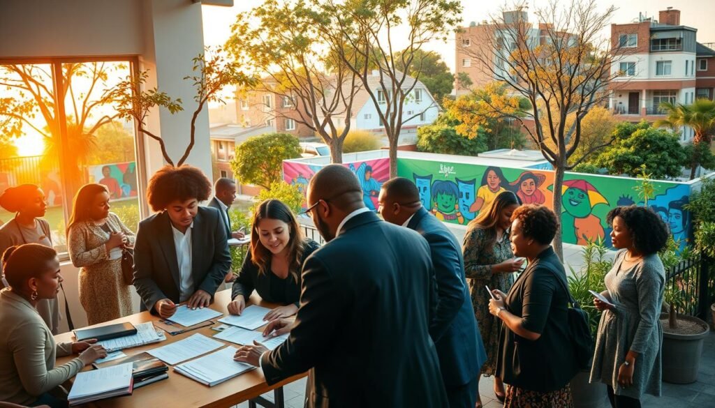 A vibrant community empowerment scene showcasing diverse individuals engaged in various collaborative activities. In the foreground, a group of professionals in modest business attire is actively discussing ideas around a table laden with documents and community resources. The middle ground features a community center with bright murals reflecting cultural elements and supportive messages. In the background, trees and green spaces intersperse urban buildings, symbolizing growth and connection. Soft, natural lighting filters through large windows, creating an inviting atmosphere, while a warm sunset casts a golden hue over the scene. The overall mood conveys hope, collaboration, and positive social impact, capturing the essence of community empowerment programs. A vibrant community empowerment scene showcasing diverse individuals engaged in various collaborative activities. In the foreground, a group of professionals in modest business attire is actively discussing ideas around a table laden with documents and community resources. The middle ground features a community center with bright murals reflecting cultural elements and supportive messages. In the background, trees and green spaces intersperse urban buildings, symbolizing growth and connection. Soft, natural lighting filters through large windows, creating an inviting atmosphere, while a warm sunset casts a golden hue over the scene. The overall mood conveys hope, collaboration, and positive social impact, capturing the essence of community empowerment programs.