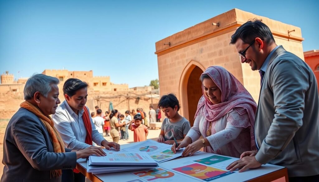 A vibrant community engagement scene depicting diverse individuals collaborating on a local project in a Moroccan setting. In the foreground, a group of four people, two men and two women of different ages and ethnic backgrounds, are discussing plans over a table filled with colorful charts and documents. They are dressed in professional business attire, showcasing teamwork and diversity. In the middle ground, a small outdoor gathering with families and children participating in hands-on activities related to community development. The background features traditional Moroccan architecture, with a clear blue sky and sunlight casting warm, inviting shadows. The atmosphere is energetic and positive, highlighting the essence of community partnerships and cooperation. The image should be bright and well-lit, taken from a slightly elevated angle to capture the vibrancy of the scene. A vibrant community engagement scene depicting diverse individuals collaborating on a local project in a Moroccan setting. In the foreground, a group of four people, two men and two women of different ages and ethnic backgrounds, are discussing plans over a table filled with colorful charts and documents. They are dressed in professional business attire, showcasing teamwork and diversity. In the middle ground, a small outdoor gathering with families and children participating in hands-on activities related to community development. The background features traditional Moroccan architecture, with a clear blue sky and sunlight casting warm, inviting shadows. The atmosphere is energetic and positive, highlighting the essence of community partnerships and cooperation. The image should be bright and well-lit, taken from a slightly elevated angle to capture the vibrancy of the scene.