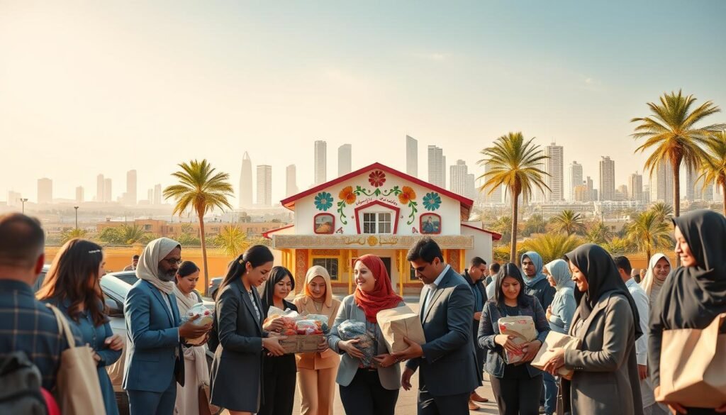 A vibrant scene depicting charitable work in the Arab world. In the foreground, a diverse group of individuals in professional business attire is engaging in various philanthropic activities, such as distributing food and supplies, and assisting families. The middle layer features a community center vividly decorated with cultural motifs, representing local heritage and unity. In the background, a beautiful skyline of an Arab city reflects modernity and tradition, with palm trees gently swaying. Soft, warm sunlight bathes the scene, creating an inviting and hopeful atmosphere. The overall mood conveys a sense of community, compassion, and collaboration, emphasizing the spirit of charity across the region. The angle is slightly elevated to capture the entire scene cohesively and engagingly. A vibrant scene depicting charitable work in the Arab world. In the foreground, a diverse group of individuals in professional business attire is engaging in various philanthropic activities, such as distributing food and supplies, and assisting families. The middle layer features a community center vividly decorated with cultural motifs, representing local heritage and unity. In the background, a beautiful skyline of an Arab city reflects modernity and tradition, with palm trees gently swaying. Soft, warm sunlight bathes the scene, creating an inviting and hopeful atmosphere. The overall mood conveys a sense of community, compassion, and collaboration, emphasizing the spirit of charity across the region. The angle is slightly elevated to capture the entire scene cohesively and engagingly.