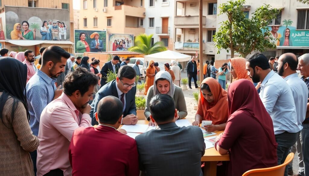 A vibrant scene depicting civil society in the Arab world, focusing on a diverse group of individuals engaged in community service. In the foreground, a multicultural team of people in professional business attire collaborates around a table covered with documents and maps. In the middle ground, we see community members participating in various activities such as planting trees, organizing a market, and engaging in discussions, reflecting unity and cooperation. The background features urban elements like buildings adorned with murals highlighting cultural heritage. Soft, natural lighting bathes the scene, creating a warm and inviting atmosphere. A wide-angle perspective captures the essence of collaboration and the spirit of civic engagement, emphasizing the importance of civil society initiatives in the Arab world. A vibrant scene depicting civil society in the Arab world, focusing on a diverse group of individuals engaged in community service. In the foreground, a multicultural team of people in professional business attire collaborates around a table covered with documents and maps. In the middle ground, we see community members participating in various activities such as planting trees, organizing a market, and engaging in discussions, reflecting unity and cooperation. The background features urban elements like buildings adorned with murals highlighting cultural heritage. Soft, natural lighting bathes the scene, creating a warm and inviting atmosphere. A wide-angle perspective captures the essence of collaboration and the spirit of civic engagement, emphasizing the importance of civil society initiatives in the Arab world.