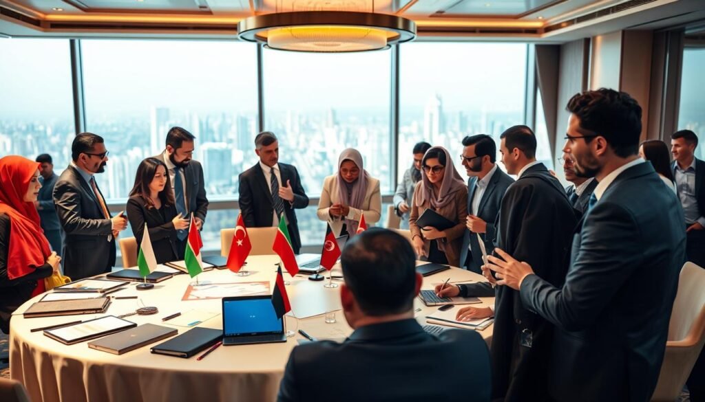 A vibrant scene depicting the "Arab Day for Civil Society Organizations." In the foreground, diverse individuals in professional business attire are engaged in dynamic discussions, symbolizing collaboration and unity. In the middle ground, a large roundtable is filled with documents, laptops, and vibrant flags representing various Arab nations. The background features an elegantly designed conference room with a panoramic window showing a cityscape, bathed in warm, soft lighting that creates an inviting atmosphere. The mood is optimistic and collaborative, with subtle highlights on the participants' expressive faces. Use a slight depth of field to focus on the foreground, enhancing the key interactions while blurring the distant cityscape slightly for visual interest. A vibrant scene depicting the "Arab Day for Civil Society Organizations." In the foreground, diverse individuals in professional business attire are engaged in dynamic discussions, symbolizing collaboration and unity. In the middle ground, a large roundtable is filled with documents, laptops, and vibrant flags representing various Arab nations. The background features an elegantly designed conference room with a panoramic window showing a cityscape, bathed in warm, soft lighting that creates an inviting atmosphere. The mood is optimistic and collaborative, with subtle highlights on the participants' expressive faces. Use a slight depth of field to focus on the foreground, enhancing the key interactions while blurring the distant cityscape slightly for visual interest.