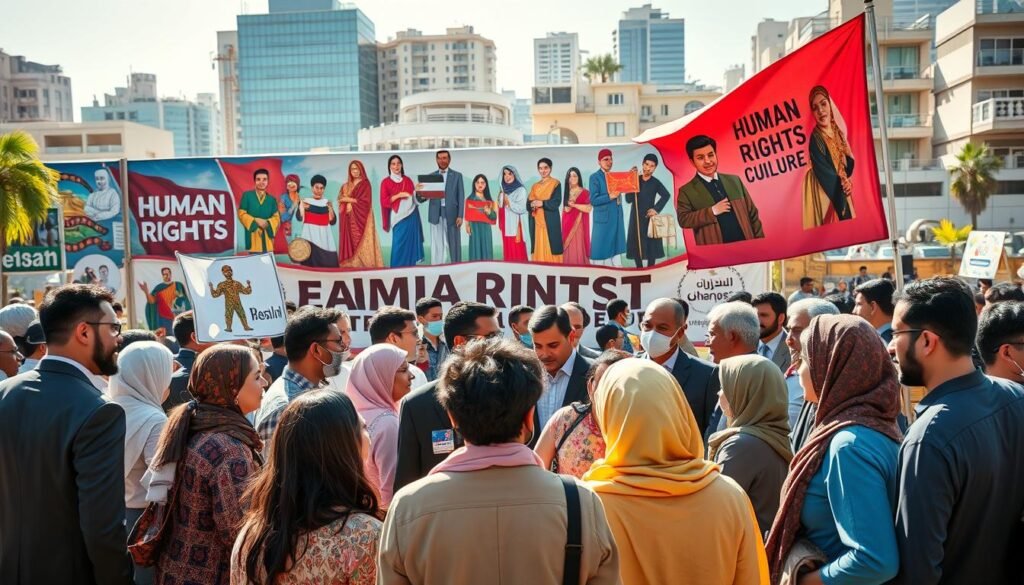 A vibrant scene illustrating social activism focused on human rights and culture in an Arab context. In the foreground, a diverse group of individuals from various backgrounds gather, engaged in an animated discussion. They are dressed in professional business attire and modest casual clothing, reflecting unity and purpose. In the middle ground, colorful banners symbolizing human rights and cultural diversity are held high, while a mural depicting iconic cultural symbols and historical figures is visible. The background features a bustling cityscape with modern architecture, representing progress. The lighting is warm and inviting, suggesting a hopeful atmosphere, with soft sunlight casting natural shadows. The angle is slightly elevated, giving a panoramic view of the vibrant interaction and emphasizing the importance of social engagement in promoting human rights and cultural awareness. A vibrant scene illustrating social activism focused on human rights and culture in an Arab context. In the foreground, a diverse group of individuals from various backgrounds gather, engaged in an animated discussion. They are dressed in professional business attire and modest casual clothing, reflecting unity and purpose. In the middle ground, colorful banners symbolizing human rights and cultural diversity are held high, while a mural depicting iconic cultural symbols and historical figures is visible. The background features a bustling cityscape with modern architecture, representing progress. The lighting is warm and inviting, suggesting a hopeful atmosphere, with soft sunlight casting natural shadows. The angle is slightly elevated, giving a panoramic view of the vibrant interaction and emphasizing the importance of social engagement in promoting human rights and cultural awareness.