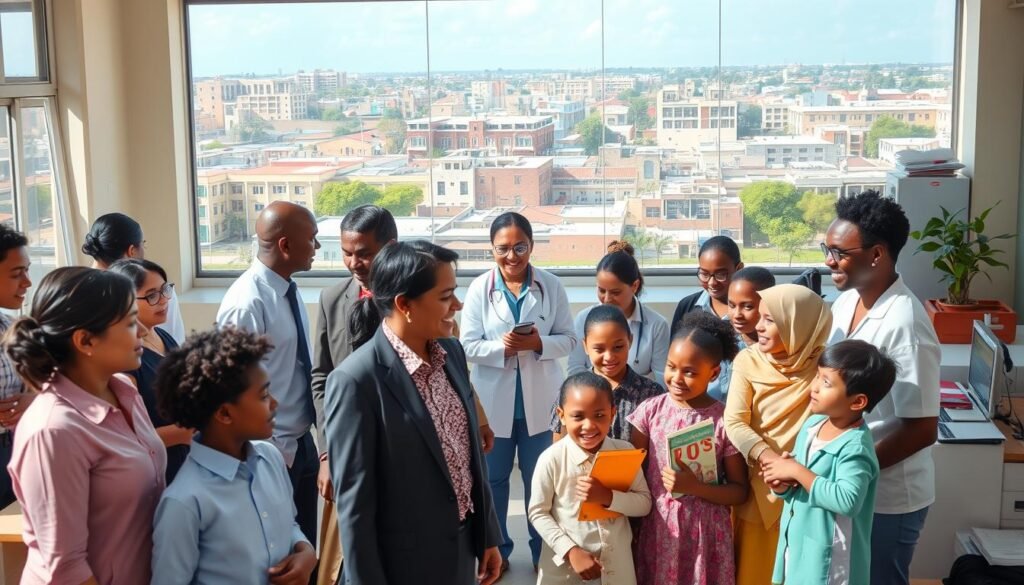 A vibrant scene illustrating the impact of charities on healthcare and education. In the foreground, a diverse group of adults and children, dressed in professional business attire and modest casual clothing, interact cheerfully in a community health center. In the middle ground, we see healthcare professionals providing consultation, with well-equipped educational resources like books and computers nearby. Bright, natural lighting fills the space, creating a warm and inviting atmosphere. In the background, a view of a bustling urban landscape shows schools and healthcare facilities, symbolizing progress and hope. Capture the sense of community and empowerment, reflecting the positive changes charities bring to the lives of those in need. A vibrant scene illustrating the impact of charities on healthcare and education. In the foreground, a diverse group of adults and children, dressed in professional business attire and modest casual clothing, interact cheerfully in a community health center. In the middle ground, we see healthcare professionals providing consultation, with well-equipped educational resources like books and computers nearby. Bright, natural lighting fills the space, creating a warm and inviting atmosphere. In the background, a view of a bustling urban landscape shows schools and healthcare facilities, symbolizing progress and hope. Capture the sense of community and empowerment, reflecting the positive changes charities bring to the lives of those in need.